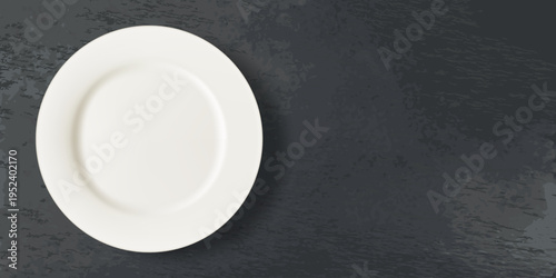 Empty plate on black slate board background. Vector 3d realistic top view illustration. Tableware mockup with copy space