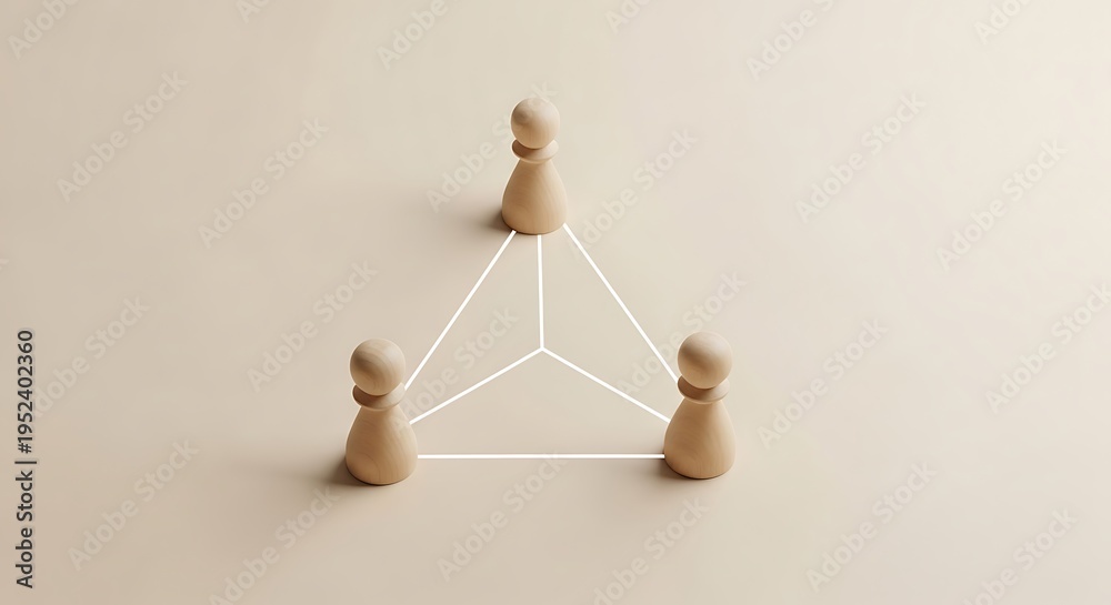 Obraz premium Three wooden game pieces are connected by white lines to form a triangle on a flat surface with one piece on top.