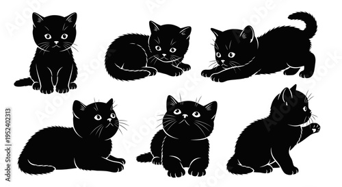 Set of Cute Black Kittens Poses, Adorable Baby Cats Illustrations