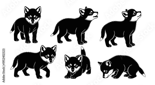 Set of Cute Black Wolf Puppies in Various Poses, Isolated on White Background