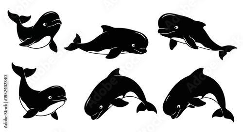 Set of Cute Cartoon Dolphins Silhouettes, Vector Illustration