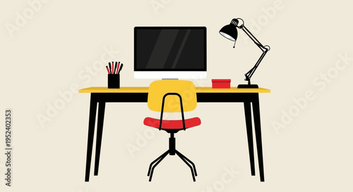 An office workspace setup with a computer, chair, and lamp on a desk indoors