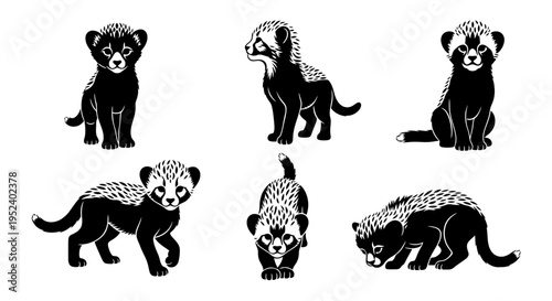 Set of Cute Cheetah Cubs in Various Poses, Black and White Vector Illustration