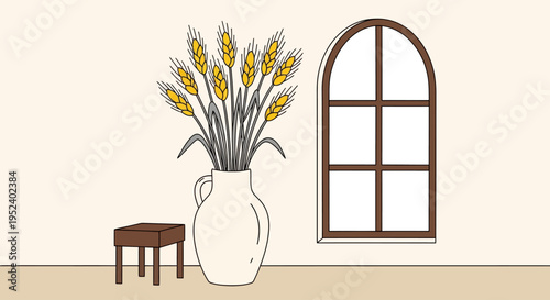 Illustration of a vase with wheat beside a wooden stool and window