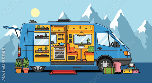 A camper van parked with gear and plants outside in a mountainous landscape