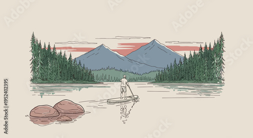 Person paddles canoe on serene lake surrounded by trees and mountains