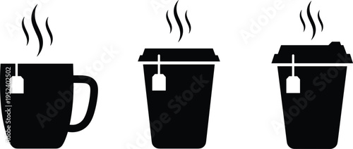 Hot tea cup icon, takeaway beverage illustration, steaming drink silhouette, black and white design, tea mug artwork, coffee shop symbol, vector template