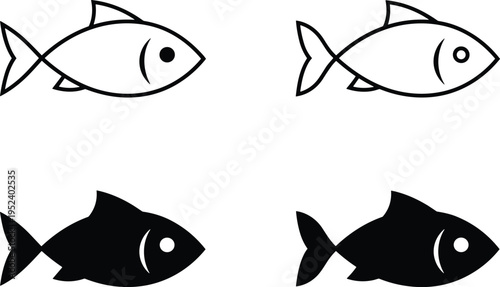Minimalist fish illustration, black and white design, aquatic animal artwork, marine life symbol, simple fish drawing, contrast style, vector template