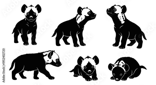 Set of Hyena Pups Silhouettes, Various Poses, Black and White Graphic Illustration