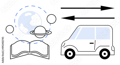 Education, knowledge sharing, travel, transportation, mobility, space exploration. Open book with planetary symbols, car with directional arrows. Education and mobility concept