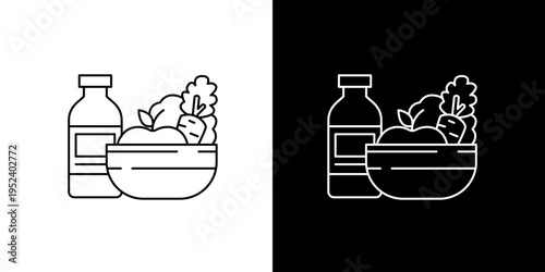 Healthy eating icon set A bottle, fresh fruit, and a vibrant salad bowl, representing a balanced diet and nutritional wellness in sleek line art style