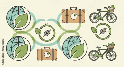 Eco Travel Concept: Globes, Suitcases, Bicycles, and Compass Icons