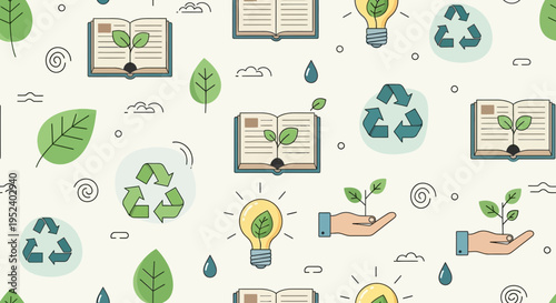 Eco-friendly concepts: recycling, light bulb, plant in hand, book with sprout, water drops
