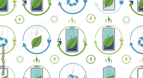 Eco-friendly energy concept: seamless pattern of green leaf battery, solar power, and recycling symbols
