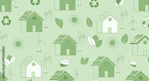 Eco-friendly houses with solar panels and wind turbines, seamless pattern, green energy concept