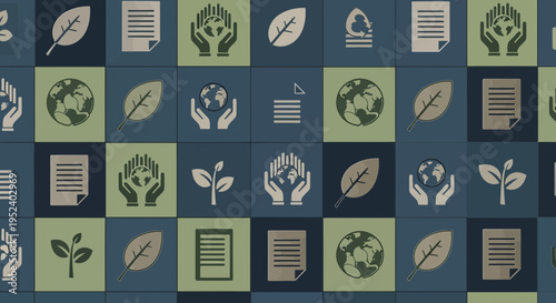 Eco-friendly icons pattern: leaves, hands holding earth, documents, sprout, flame, fist
