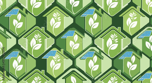Eco-friendly homes with solar panels and green leaves pattern