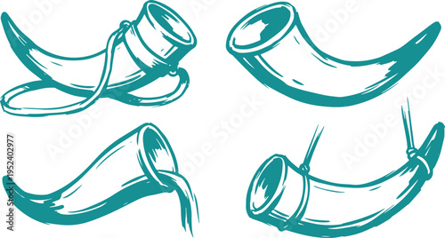 Viking Horn Vector Set, Hand Drawn Drinking Horn Clipart Design, Medieval Norse Line Art Illustration Collection.