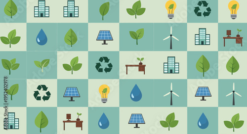Eco-friendly icons collage: renewable energy, nature, buildings, sustainability, green technology