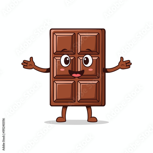 Smiling anthropomorphic chocolate bar with open arms, happy face