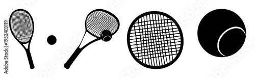 Tennis racket and ball silhouette set with minimalist black outline and white background featuring sport, equipment, game with vector and illustration