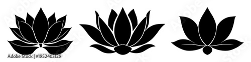 Lotus flower zen silhouette set with tranquil simple black and white line illustration featuring lotus, yoga, meditation with tranquility and mindfulness
