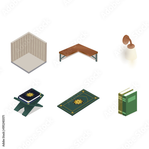 Islamic Prayer Room Mushola Essentials Isometric Set with Quran Sajadah and Interior Elements
