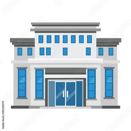 A modern, symmetrical, multi-story white building with blue windows and grey accents