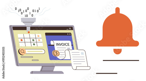 Finance automation, invoice processing, alerts, digital workflows, data analysis, payment reminders. Computer screen with a funnel, invoice and notification bell icon. Finance automation and invoice