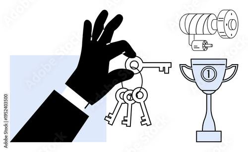 Security concept. Hand holding keys, lock mechanism, and trophy illustrate security, access, and success. Security highlights protection, achievements and access solutions. For business success