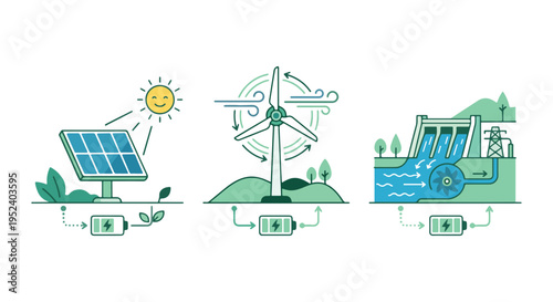 Renewable energy infographic with solar power panel, wind turbine electricity generation and hydroelectric dam sustainable energy system