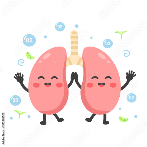 Two happy cute cartoon lungs giving a high five. Represents a healthy respiratory system, clean air, and breathing oxygen. Healthcare, wellness, and internal organ anatomy concept. Vector illustration