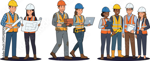 Construction Team Characters Set Featuring Engineers Architects Workers with Hard Hats Laptops Blueprints and Tools at Construction Site Vector Illustration Collection