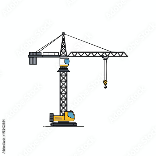 A yellow construction tower crane with a blue-windowed cabin stands on treads