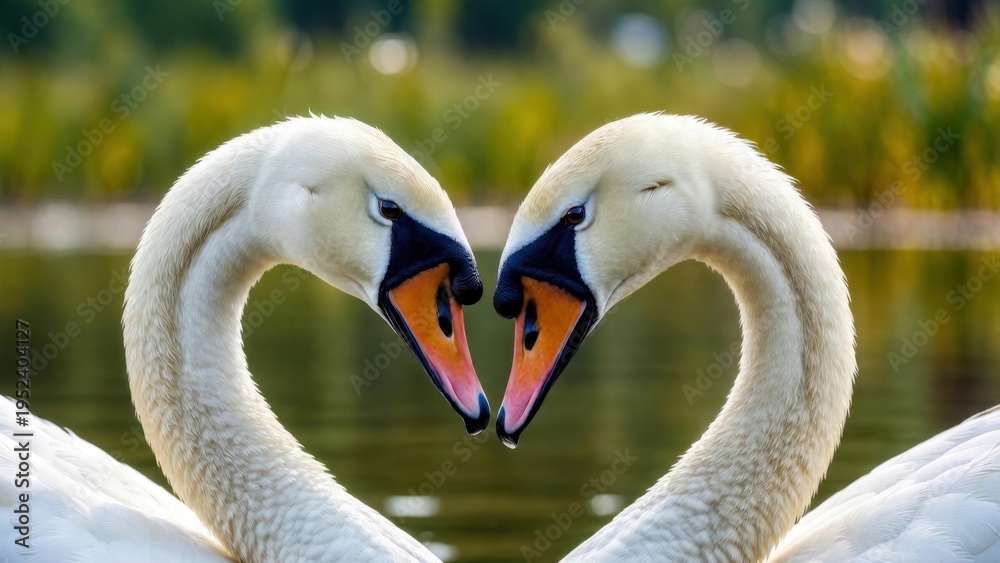 Fototapeta premium Two elegant swans form a perfect heart with necks
