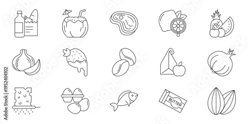 Line art food and grocery icons. Essential collection of fresh ingredients, healthy meals, and kitchen staples for culinary and nutrition designs
