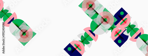 Abstract geometric pattern. Repeating shapes, squares, circles, lines create modern design. Soft colors dominate composition.