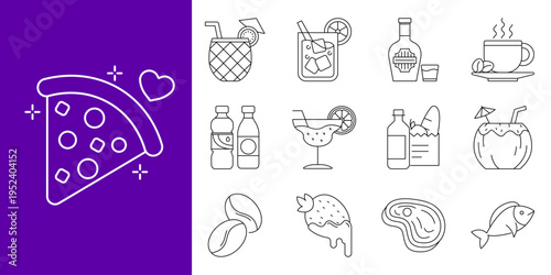 Diverse Culinary and Beverage Outline Icons Collection for Restaurant Menus, Cafe Displays, and Food Delivery App Interfaces