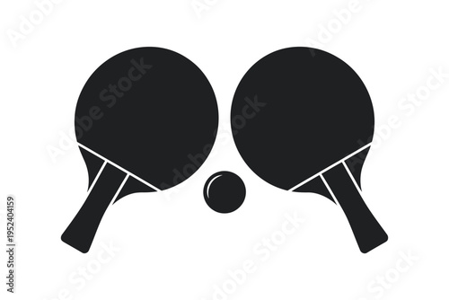 Two table tennis paddles and a ball in a minimalist black and white design
