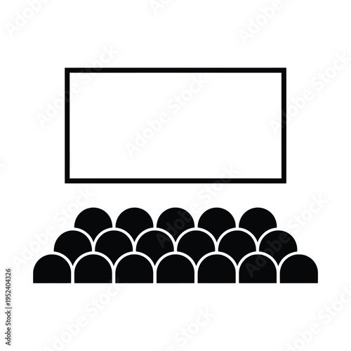Simple black and white illustration of a cinema screen with seated audience