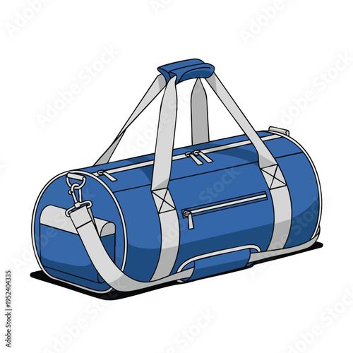 Blue duffel bag with grey trim and straps, featuring multiple zippered pockets