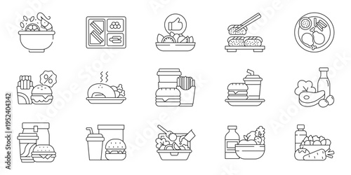 Diverse Food Choices Line Art Icon Set Exploring Healthy Meals, Fast Food Delights, and Convenient Takeaway Options for Modern Lifestyles