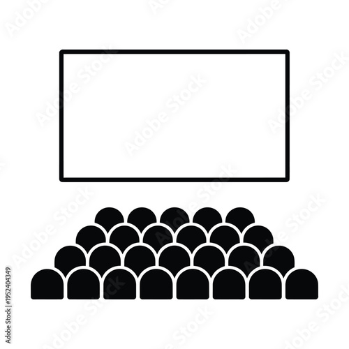A simple black and white illustration of a movie theater with seats