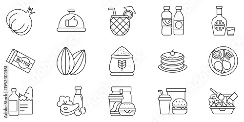 Outline Food and Drink Icons Vector Set | Groceries, Fast Food, Beverages & Culinary Ingredients for Diverse Graphic Design Projects