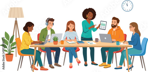 Business Team Meeting Illustration Featuring Office Workers Collaborating on Laptops Tablets Presenting Ideas and Discussing Projects Vector Cartoon Collection