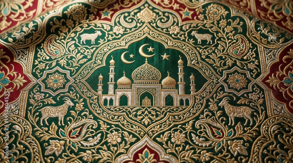 Fototapeta premium Intricate Islamic Carpet Design With Mosque And Sheep Motifs Green Gold Red