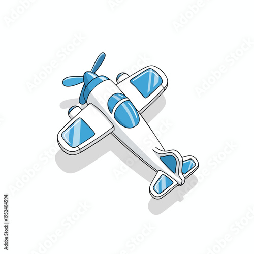 White and blue cartoon airplane, viewed from above, isolated on white