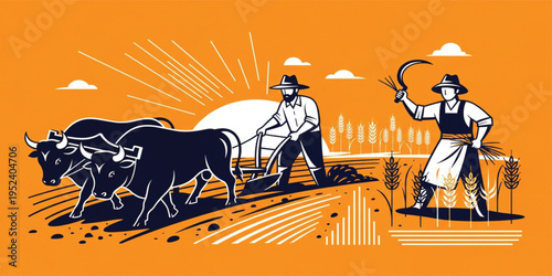 Traditional Farmers Working in Agricultural Field with Ox Plowing Land and Harvesting Wheat Rural Farming and Cultivation Concept Vector Illustration
