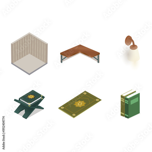 Green Islamic Prayer Room Mushola Set with Quran Sajadah and Interior Elements