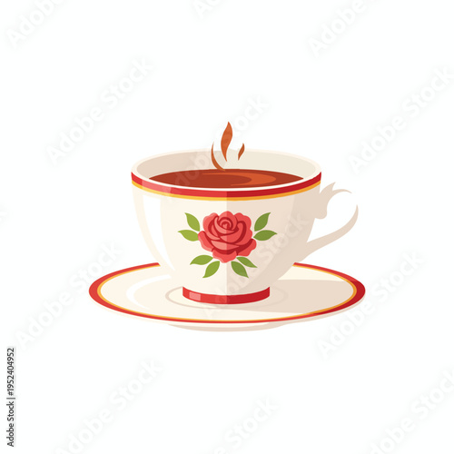 A white teacup adorned with a red rose and steaming brown liquid sits on a saucer